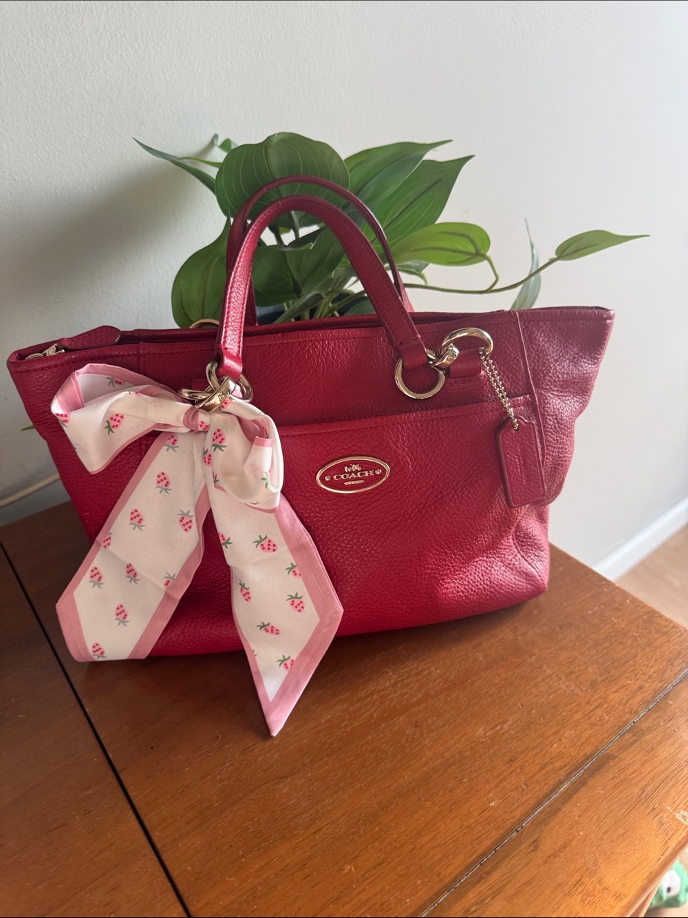 Coach Ellis Pink-Red Leather Satchel with Bow Scarf Accent